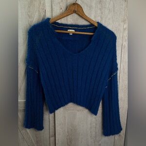 POL Deep Blue V-Neck Distressed Sweater